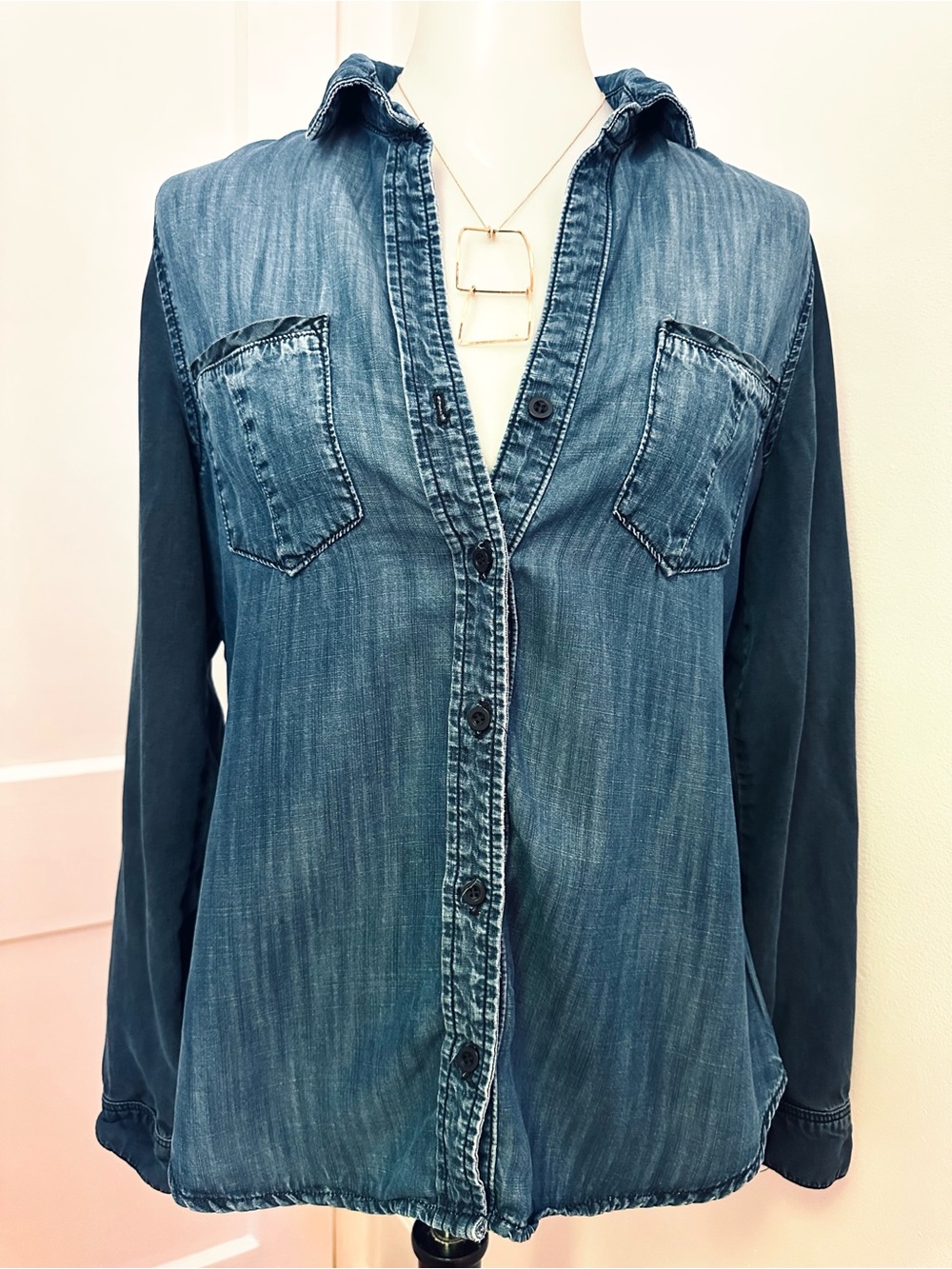 Bella Dahl Blue Denim Look Button Down Shirt with Button Up Sleeves